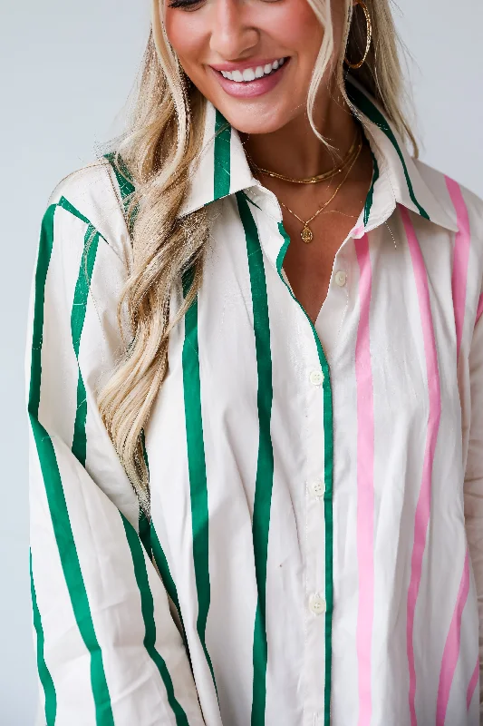 FINAL SALE - Officially Cute Pink Color Block Striped Oversized Button-Up Blouse