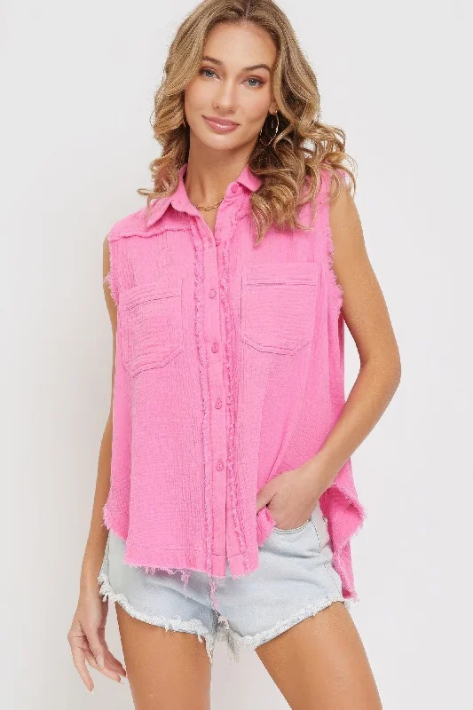 Hot Girl Washed Cotton Gauze Sleeveless In Rose Pink Short Sleeve Shirt