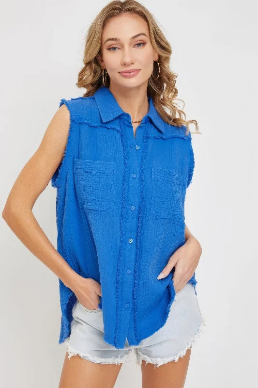 Hot Girl Washed Cotton Gauze Sleeveless In Blue Short Sleeve Shirt