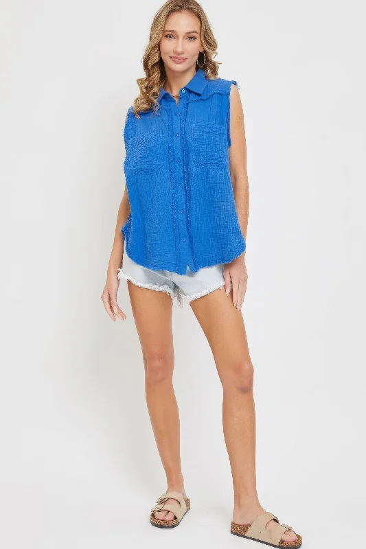 Hot Girl Washed Cotton Gauze Sleeveless In Blue Short Sleeve Shirt