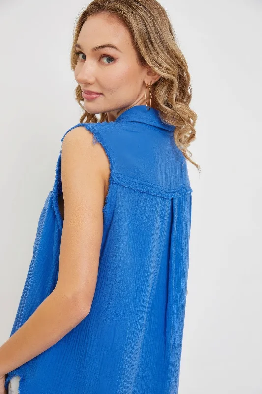 Hot Girl Washed Cotton Gauze Sleeveless In Blue Short Sleeve Shirt