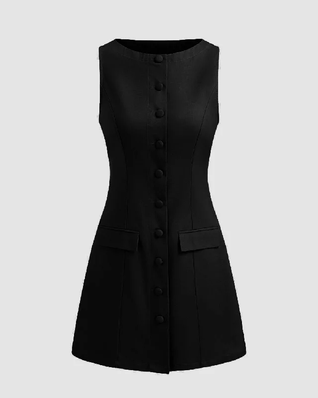 Boat Neckline Solid Button Sleeveless Black Mini Dress