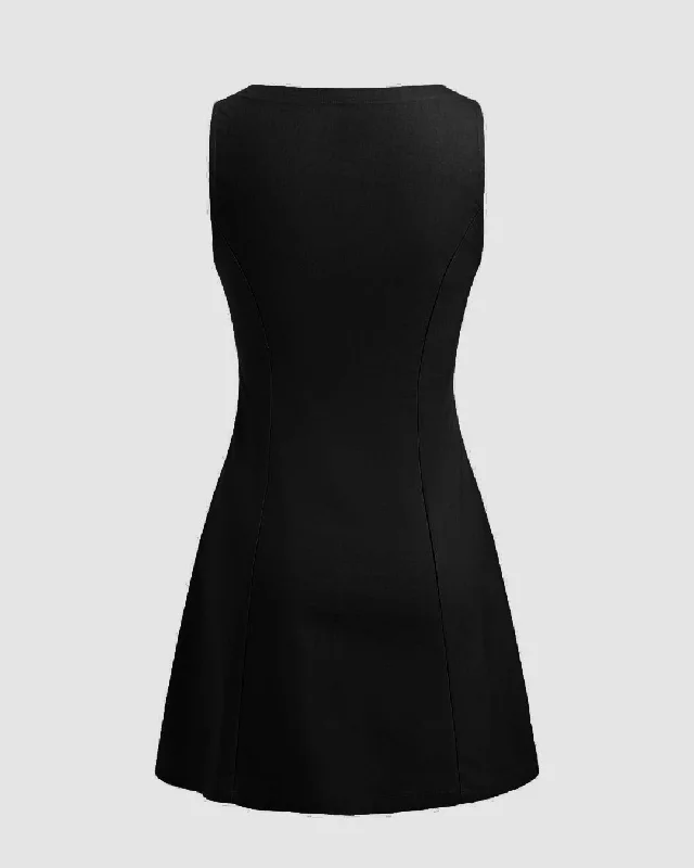 Boat Neckline Solid Button Sleeveless Black Mini Dress