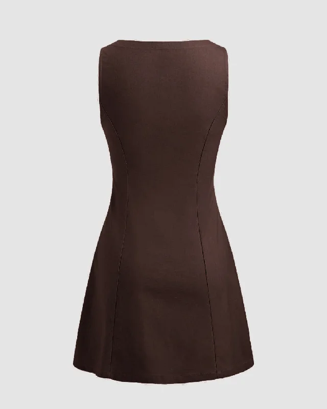 Boat Neckline Solid Button Sleeveless Coco Brown Mini Dress