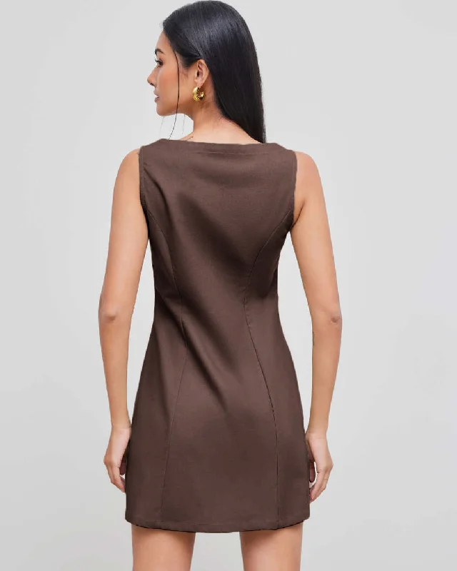 Boat Neckline Solid Button Sleeveless Coco Brown Mini Dress