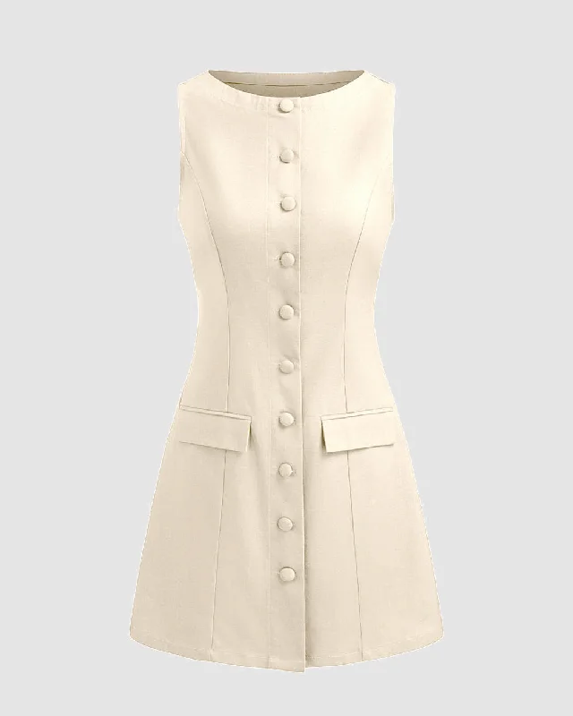 Boat Neckline Solid Button Sleeveless Off-White Mini Dress