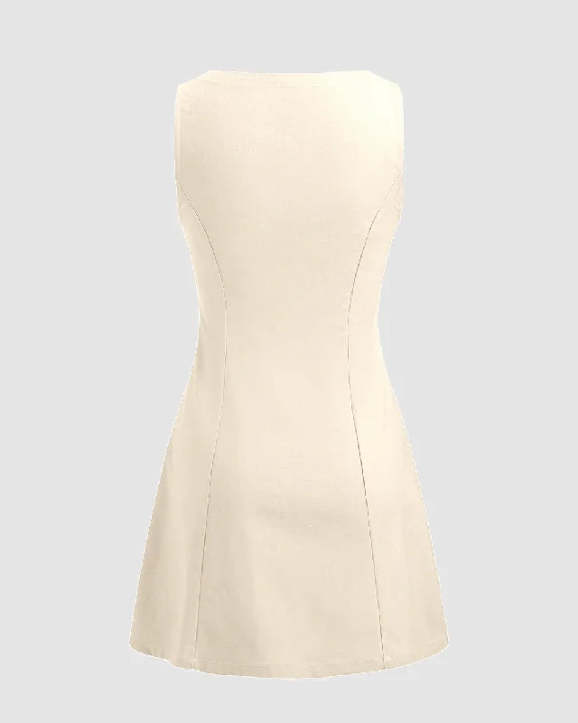 Boat Neckline Solid Button Sleeveless Off-White Mini Dress