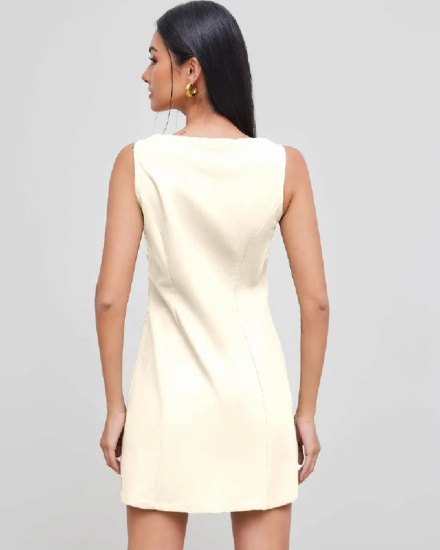 Boat Neckline Solid Button Sleeveless Off-White Mini Dress