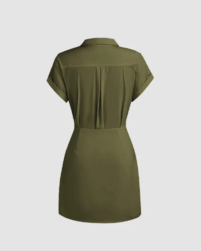 Collar Wrap Buckle Herbal Green Mini Dress