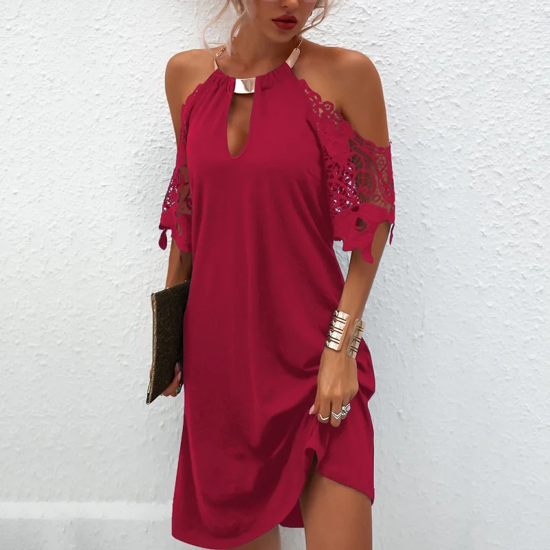 Hot Halter Style Lace Drop Sleeves Mini Dress