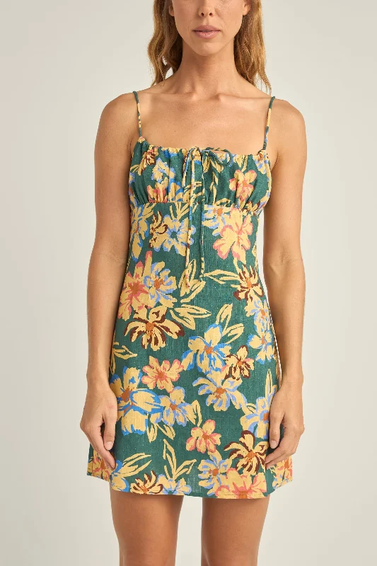 Hawaiian Floral Gathered Mini Dress Jungle