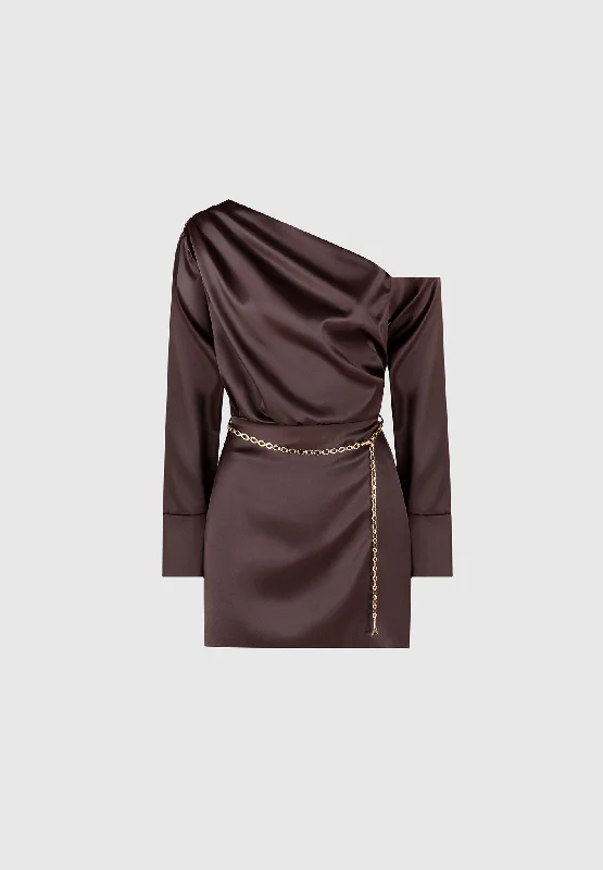 Off Shoulder Draped Satin Mini Dress with Belt - Brown