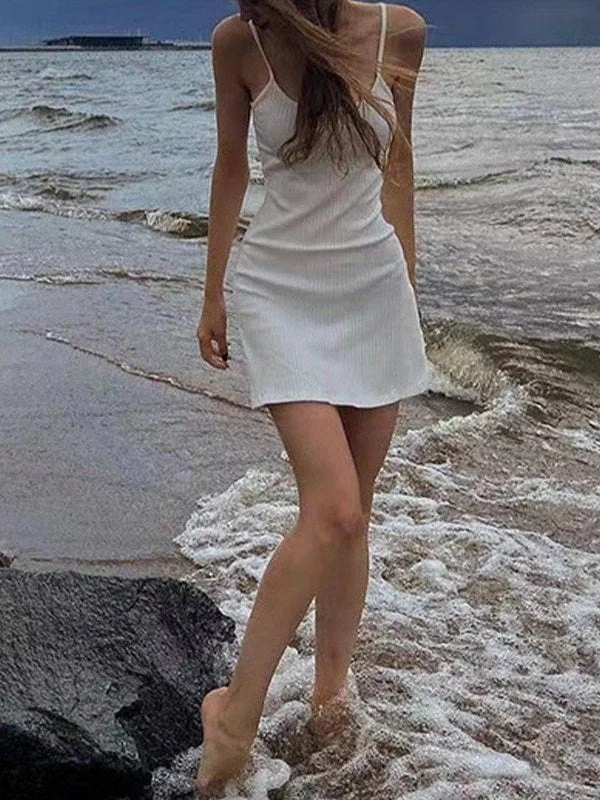 White Vintage Summer Beach Slim Mini Dress