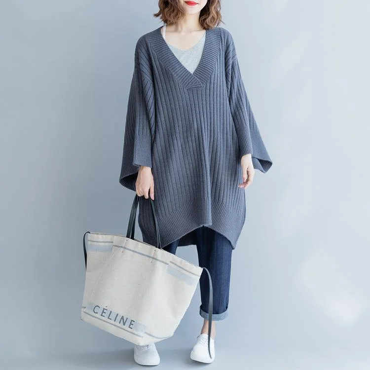 2021 Gray Cozy Sweater Casual Big V Neck Knitted Blouse New Loose Sleeve Winter Tops