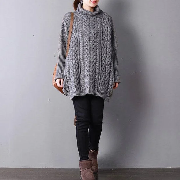 2021 Gray Knit Tops Fall Fashion Knit Sweat Tops High Neck Side Open Sweaters