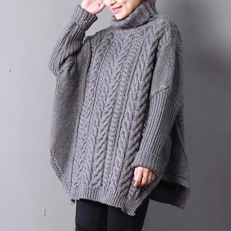 2021 Gray Knit Tops Fall Fashion Knit Sweat Tops High Neck Side Open Sweaters