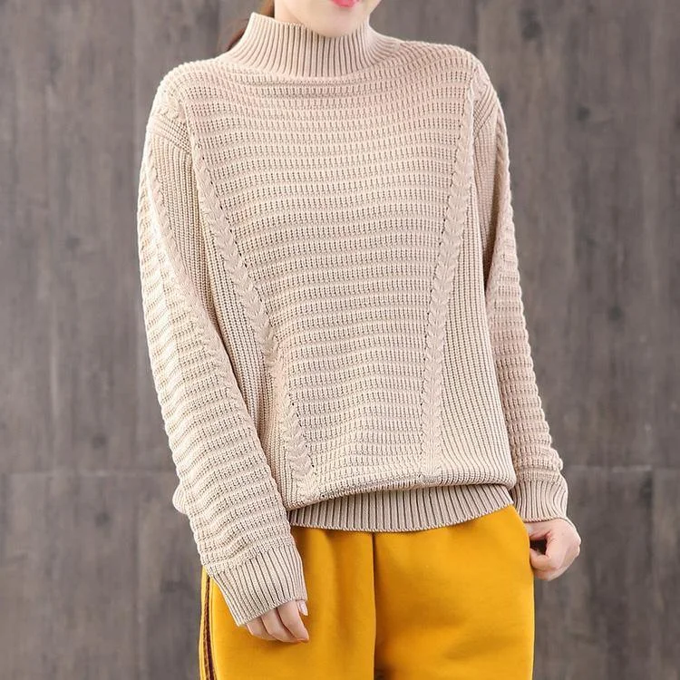 Aesthetic beige knitted clothes plus size clothing high neck sweaters long sleeve