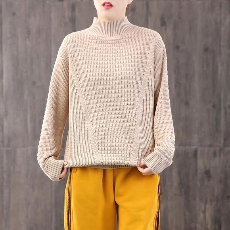 Aesthetic beige knitted clothes plus size clothing high neck sweaters long sleeve