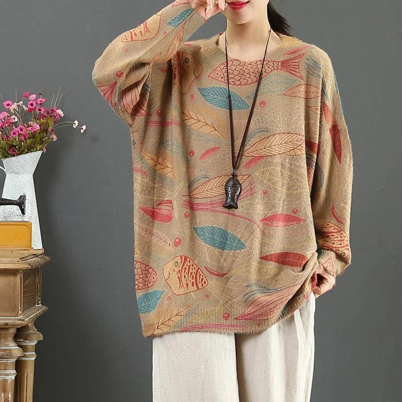 Aesthetic prints two box top wild oversize o neck knitted blouse