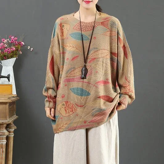 Aesthetic prints two box top wild oversize o neck knitted blouse