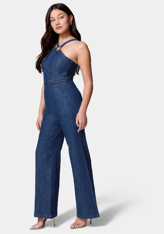 Asymmetric Neckline Wide Leg Lightweight Denim Jumpsuit