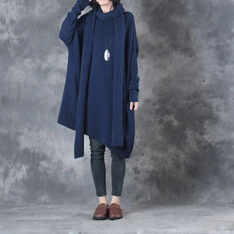 autumn fashion blue cotton sweater blouse oversize long sleeve asymmetric hem knit tops