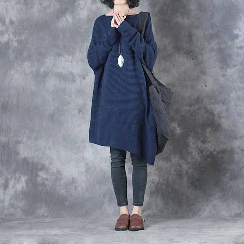 autumn fashion blue cotton sweater blouse oversize long sleeve asymmetric hem knit tops