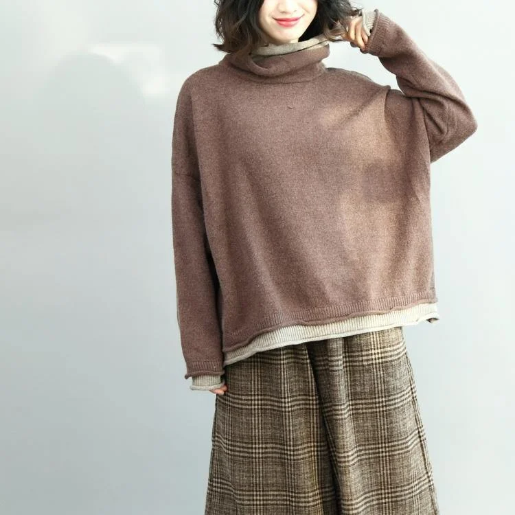 boutique brown  knit sweaters Loose fitting high neck pullover boutique batwing sleeve blouse