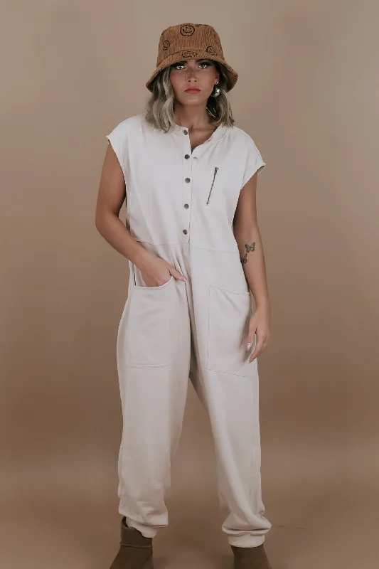 Sleveless Button Up French Terry Jumpsuit, Taupe