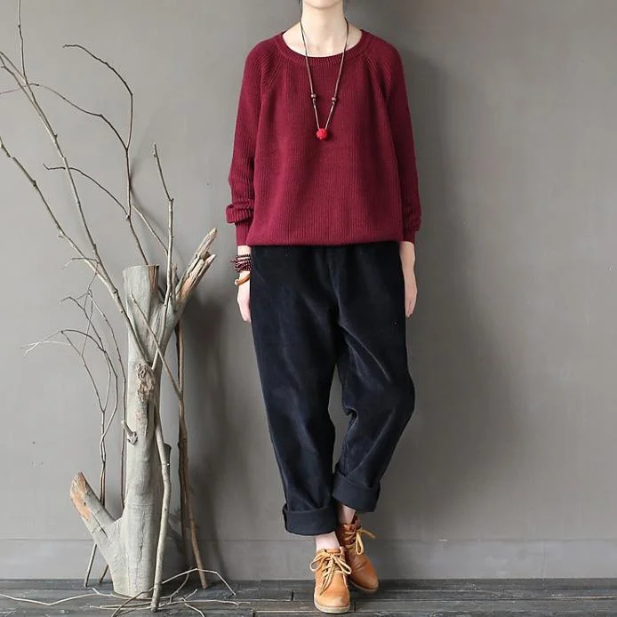 burgundy casual solid cotton tops oversize stylish o neck sweater