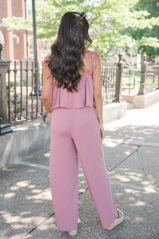 Caught Your Eye Mauve Tie Strap Knit Jumpsuit