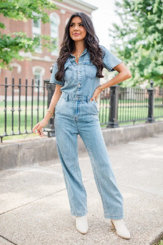 Chances Are Medium Wash Button Up Denim Jumpsuit