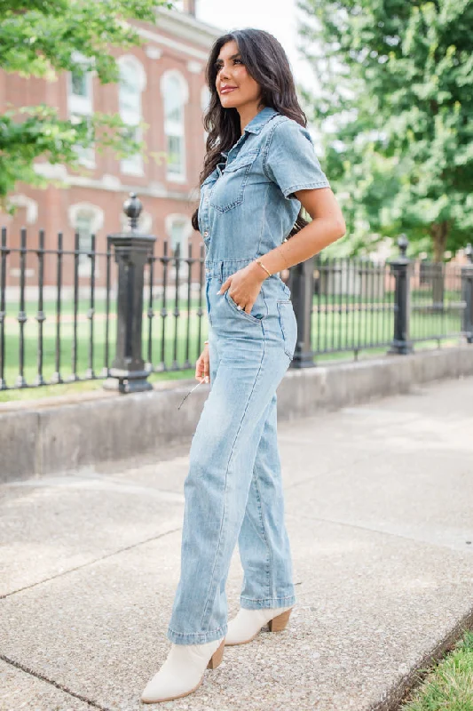 Chances Are Medium Wash Button Up Denim Jumpsuit