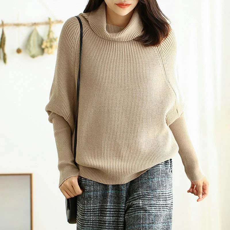 Chunky beige sweaters plus size clothing high neck Batwing Sleeve knit tops