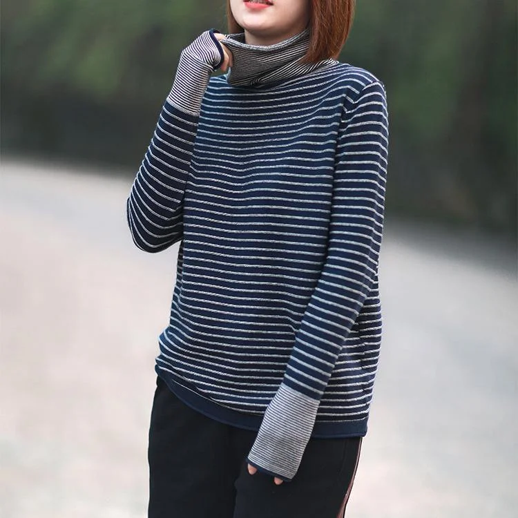 Chunky navy striped Blouse fall fashion sweaters high neck baggy tops