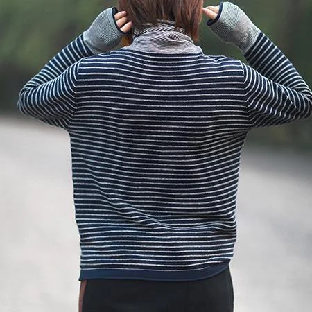 Chunky navy striped Blouse fall fashion sweaters high neck baggy tops