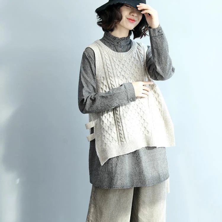 cozy beige knit tops trendy plus size side open knitted blouses casual low high design tops