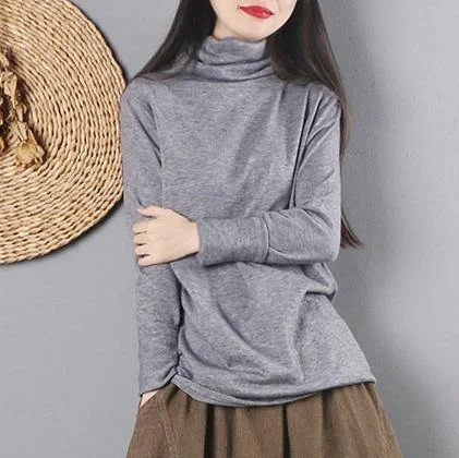 Cozy light gray knitted top clothing high neck knit tops long sleeve