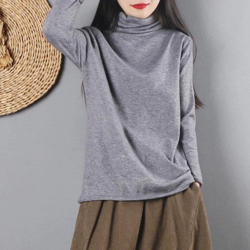 Cozy light gray knitted top clothing high neck knit tops long sleeve