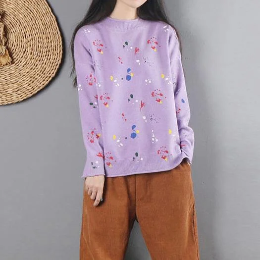 Cozy o neck light purple knit sweat tops Loose fitting long sleeve khitted clothes