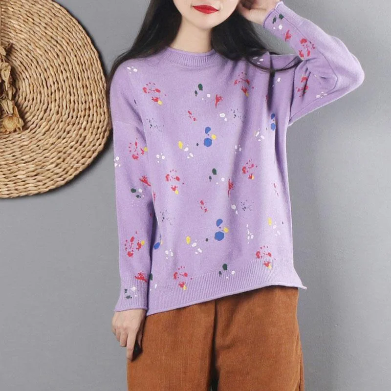 Cozy o neck light purple knit sweat tops Loose fitting long sleeve khitted clothes