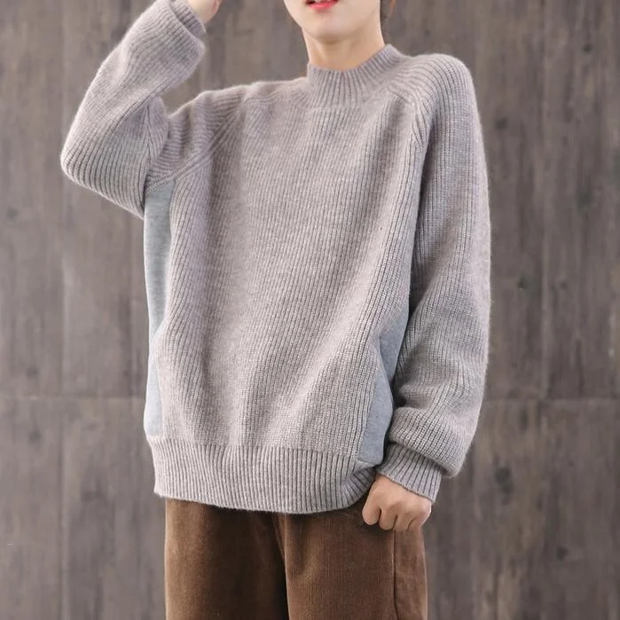 Cute gray knitted t shirt plus size winter knit sweat tops patchwork