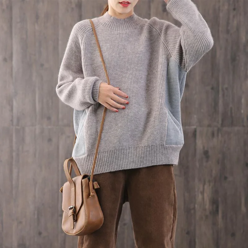 Cute gray knitted t shirt plus size winter knit sweat tops patchwork