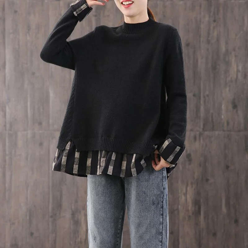 Fashion black knitted pullover oversize o neck knit sweat tops false two pieces