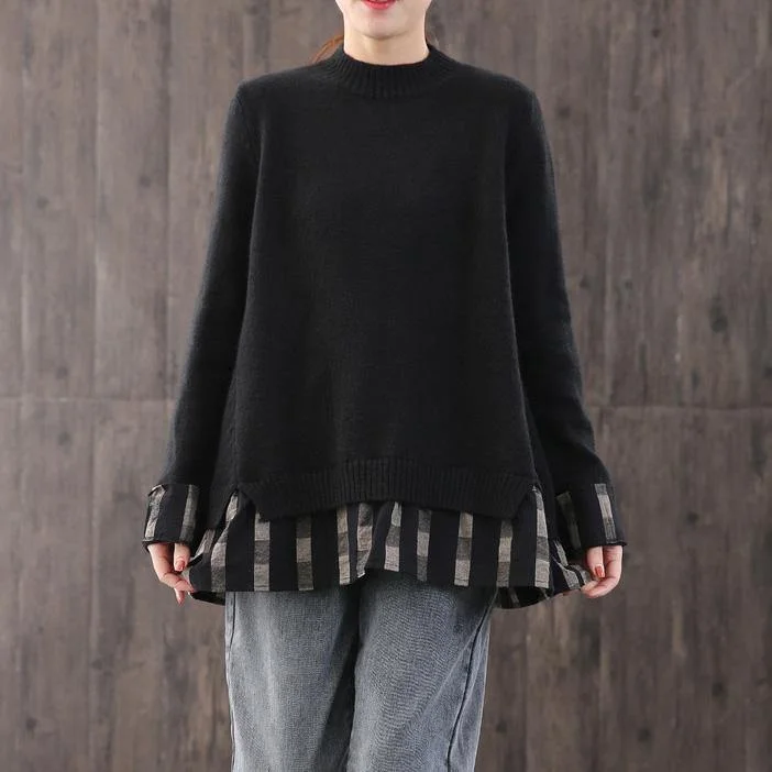 Fashion black knitted pullover oversize o neck knit sweat tops false two pieces