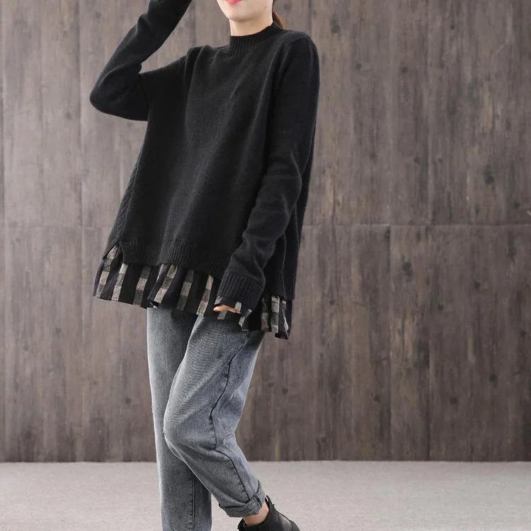 Fashion black knitted pullover oversize o neck knit sweat tops false two pieces