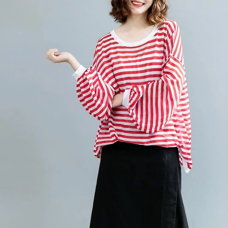 fashion red striped  pure linen tops oversized linen maxi t shirts women lantern sleeve o neck cotton shirts