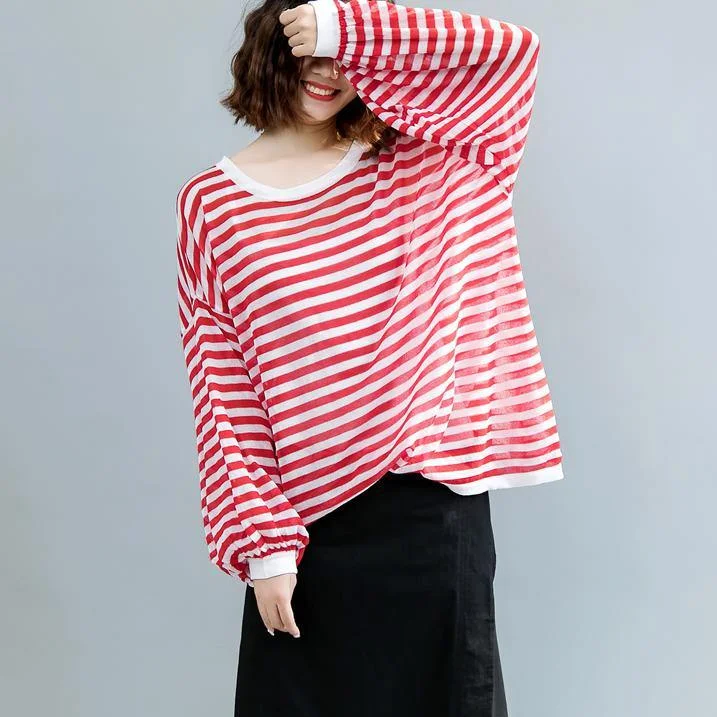 fashion red striped  pure linen tops oversized linen maxi t shirts women lantern sleeve o neck cotton shirts