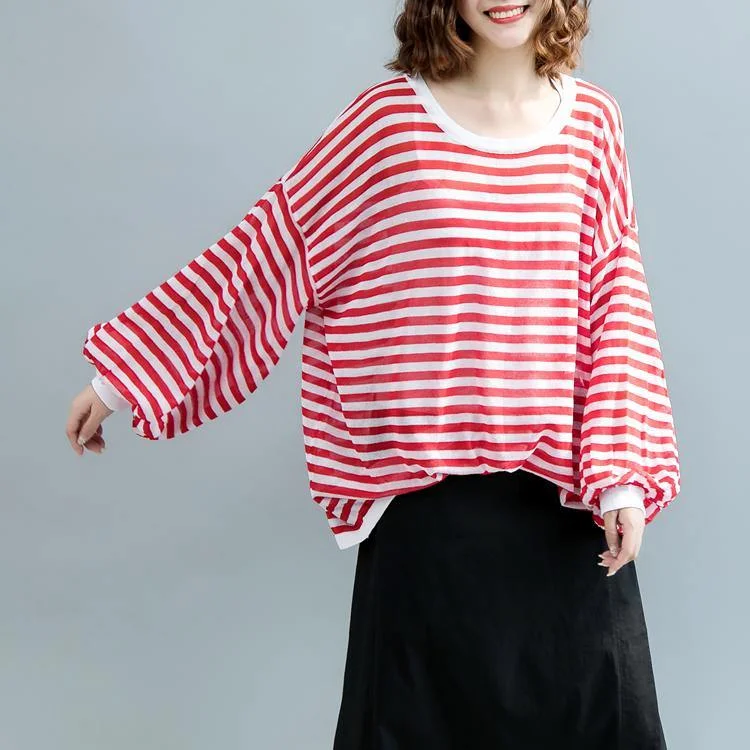 fashion red striped  pure linen tops oversized linen maxi t shirts women lantern sleeve o neck cotton shirts