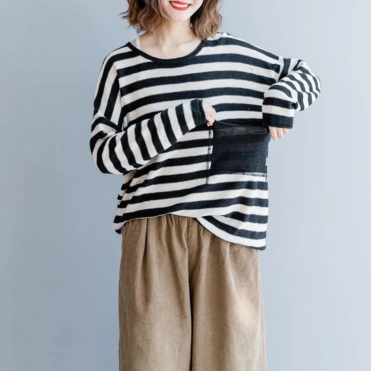 Fine black striped cotton tops Loose fitting cotton clothing blouses Elegant o neck big pockets natural cotton pullover